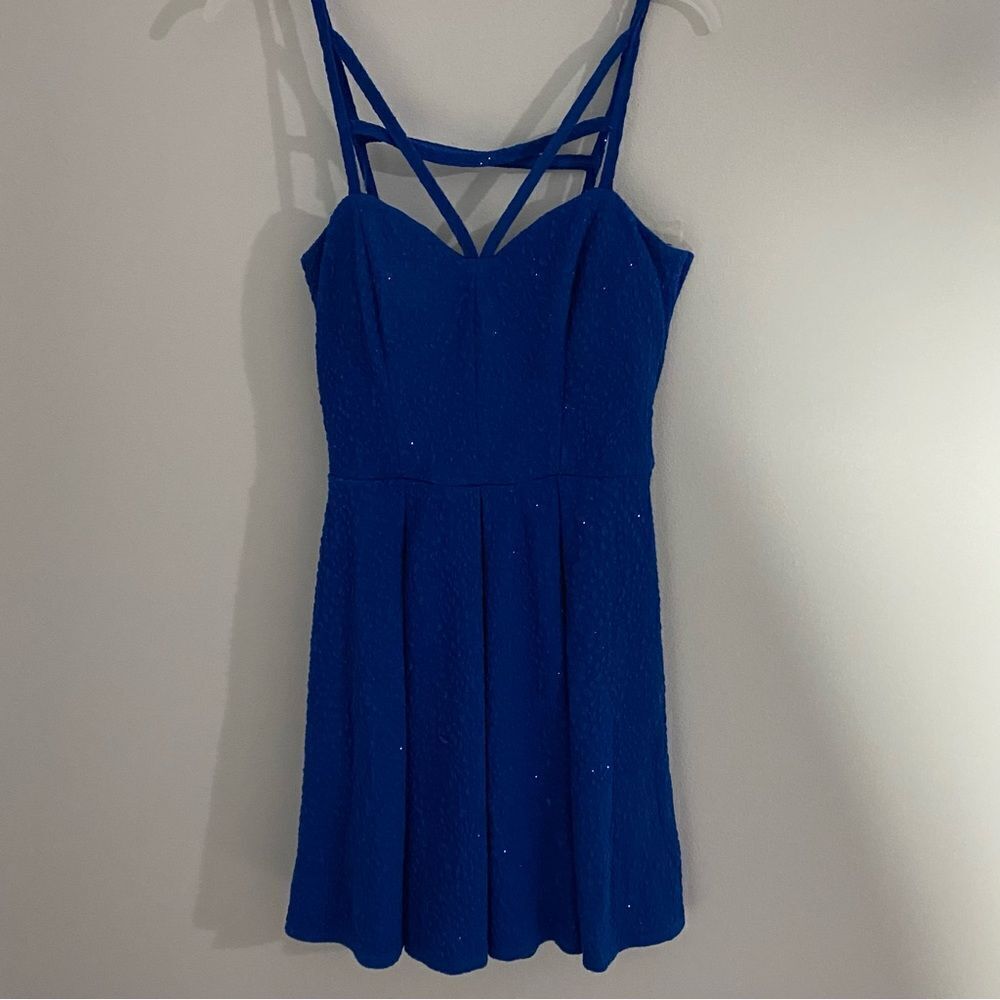 Speechless Juniors' Crisscross-Strap Sweetheart Dress Sparkly Blue